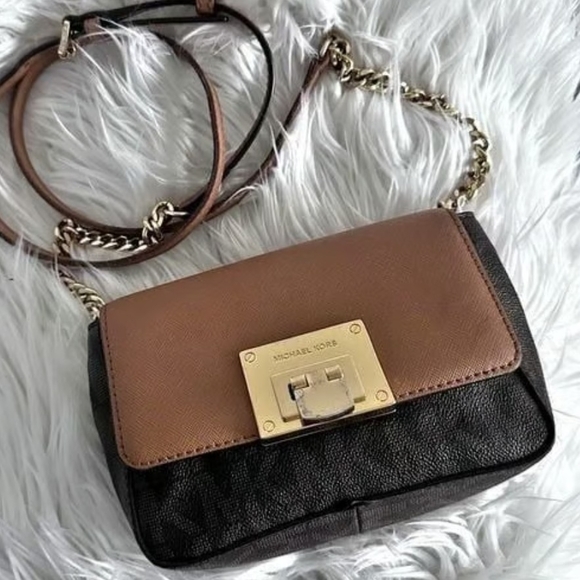Michael Kors Handbags - Michael Kors Brown and Tan Crossbody Bag with Gold Hardware